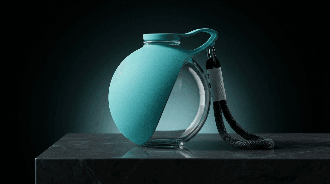 Vomando AquaPaw portable dog water bottle in blue, studio shot on dark stone