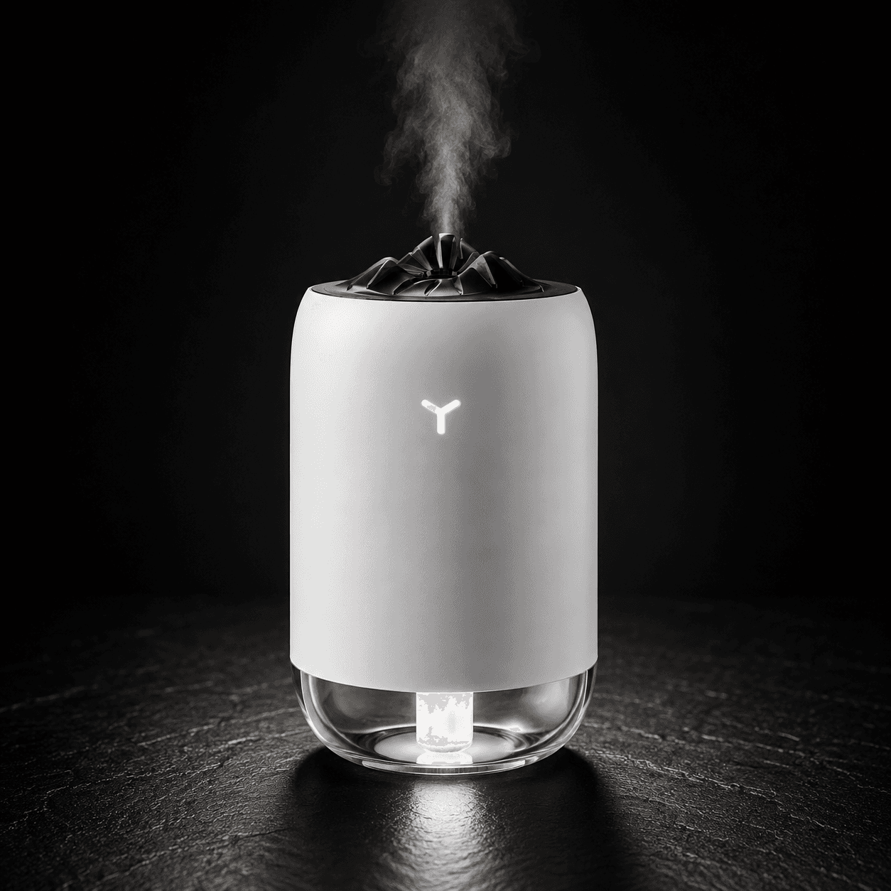 Vomando FlameMist humidifier in white with glowing base and mountain mist top