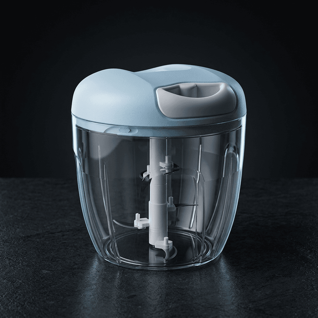 Vomando PowerChop manual food chopper in blue with clear bowl and stainless blades