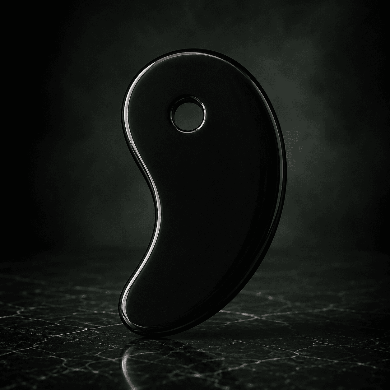 Vomando Gua Sha facial massage tool in polished black on dark marble