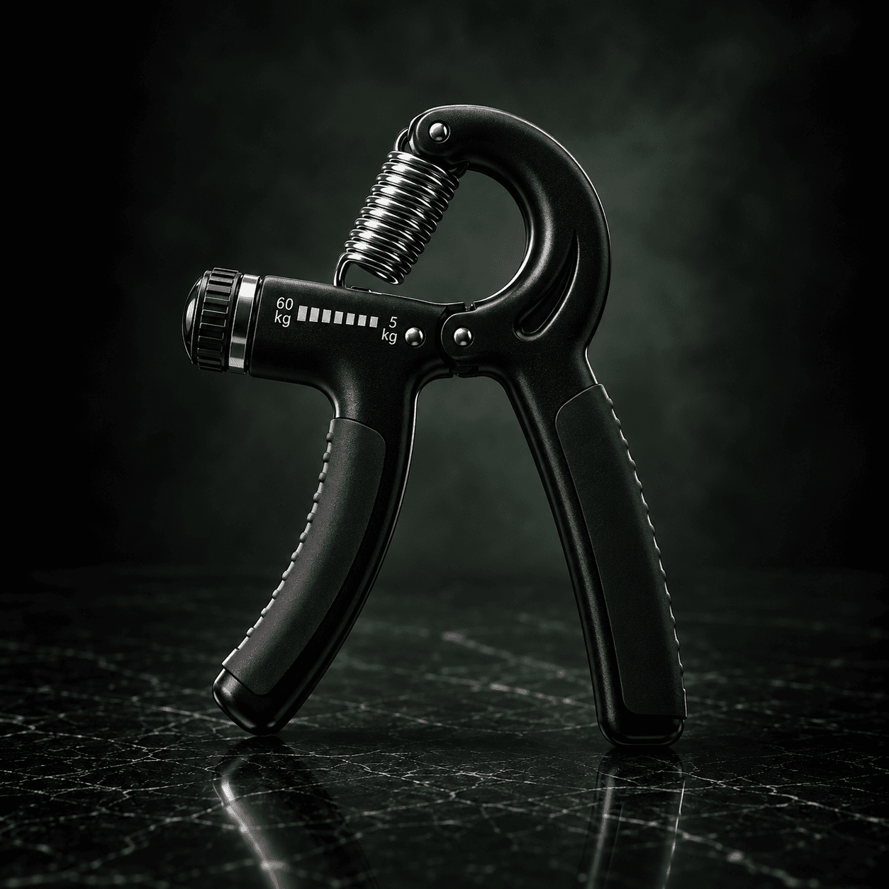 Vomando GripPro adjustable hand trainer in matte black with 5–60 kg dial on dark marble